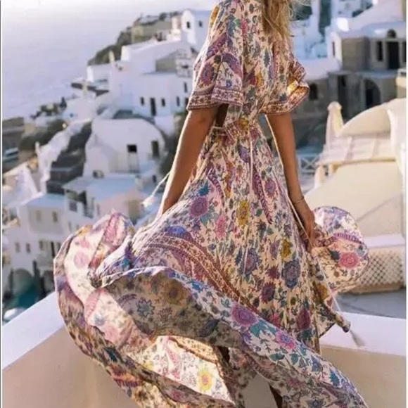 Boho Floral Bird Gypsy Print Maxi Long Dress - Picture 8 of 15